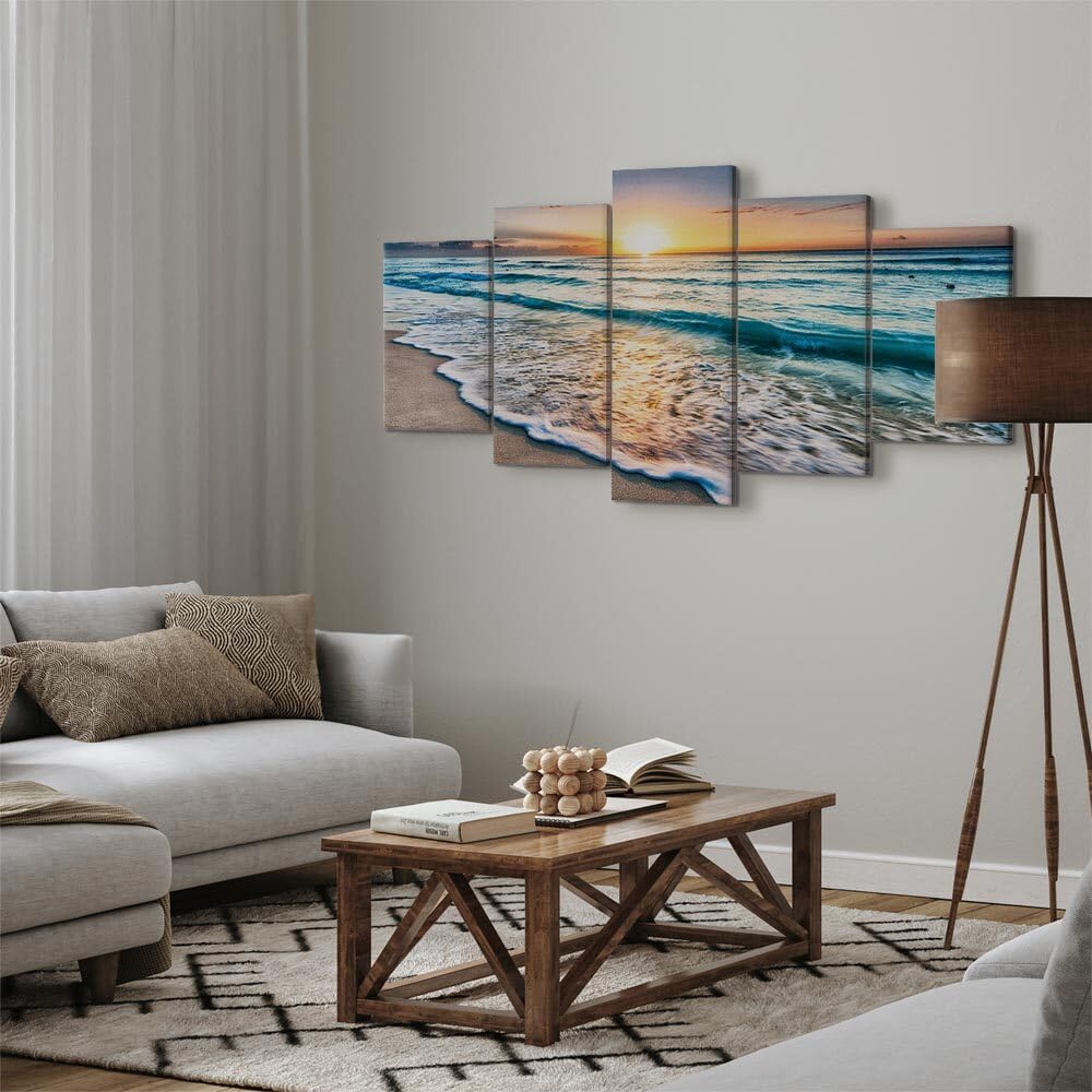 decomonkey Cuadro Lienzo Mar Playa puesta de sol 200x100 cm 5 piezas | Impresión sobre material tejido no tejido, decoración de cuadro de pared, gráfica fotográfica, para salón, Paisaje, diseño 32