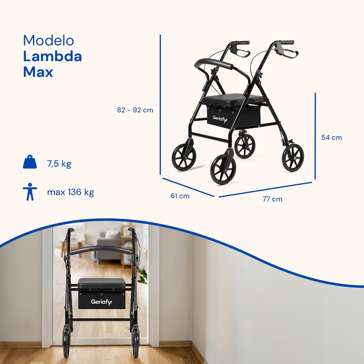 Geriafy Andador Plegable con Asiento y Respaldo Lambda Max Rollator 4 Ruedas XL 20 cm Cesto Frenos Manetas Caminador Ligero Regulable Altura Negro