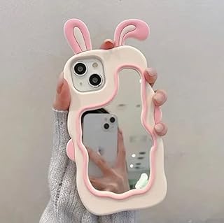 Fekra Silicone Girls 3D Soft Cover with Mirror for iPhone 15|14/13|12|11 Drop-Proof (Rabbit Ears, 12 Pro Max)️
