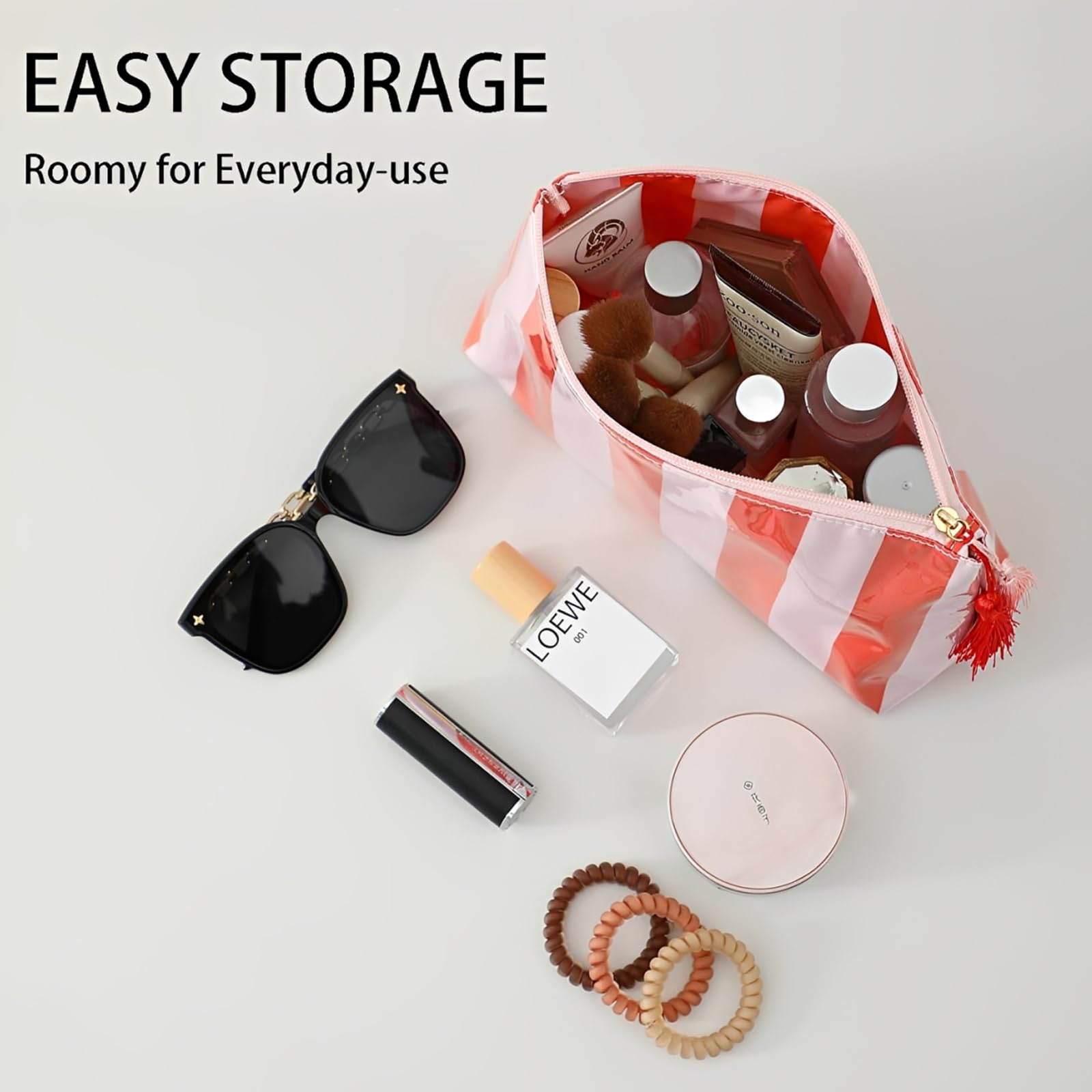 Borsa Cosmetica da Viaggio Donna Astuccio da Toilette a Righe Arancione Beauty Case Impermeabile in PVC con Cerniera Porta Trucchi Trousse Organizer Portatile per la Spiaggia e le Vacanze Estive