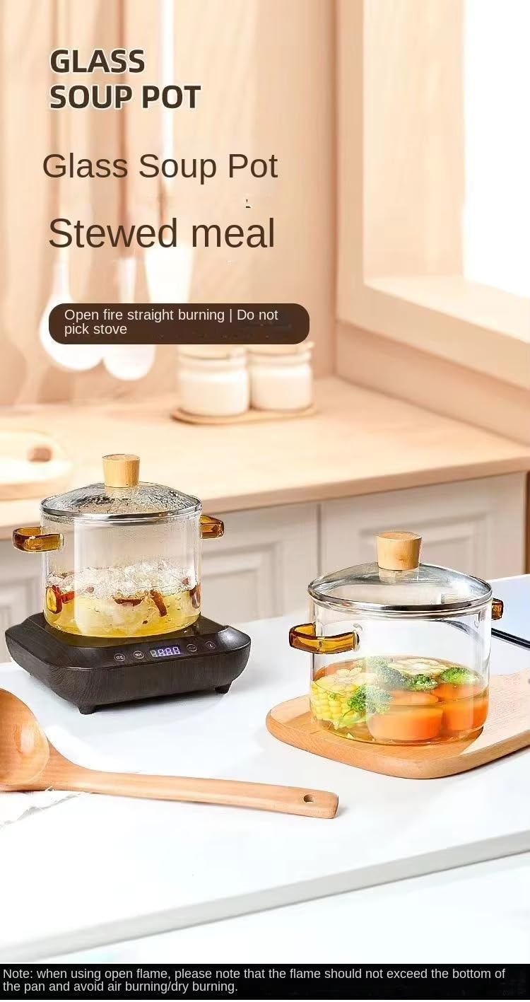 Avastro 1.6L Heat Resistant Glass Soup Pot with Lid | Double Handle Microwave, Gas Stove & Induction Compatible Cooking Pot | Transparent Glass Noodle & Soup Cooking Pot | Non-Stick Induction Bottom 2