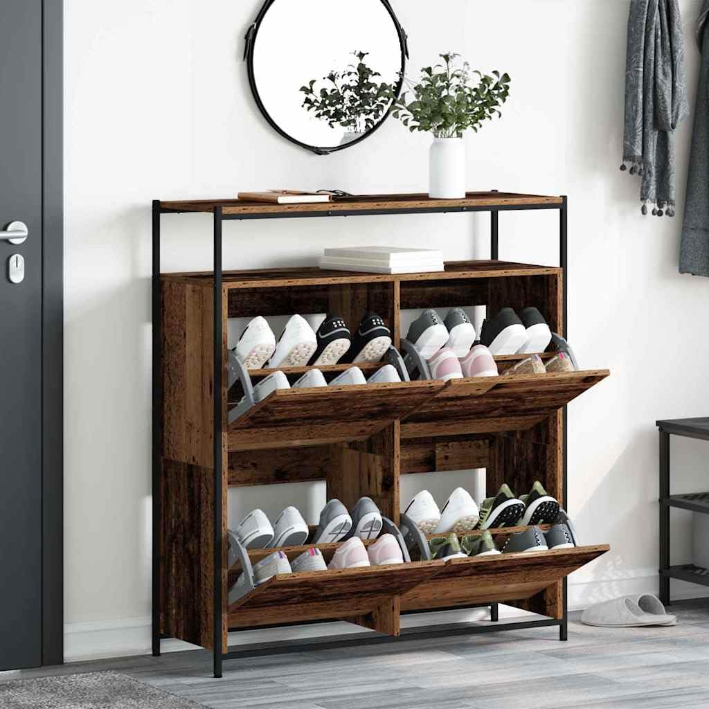 Zapatero con estante Madera vieja 100 x 34 x 112 cm | Madera mecanizada, patas de acero negro, puertas con bisagras, interiores, fáciles de montar