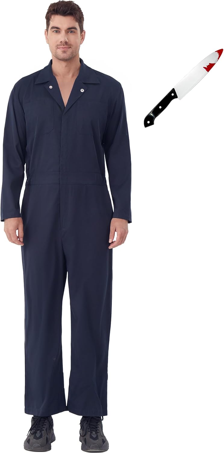 Adult Halloween Killer Costume Navy Blue Coverall Men Jumpsuit with Blood Knife Killer Horror Cosplay Costume Set