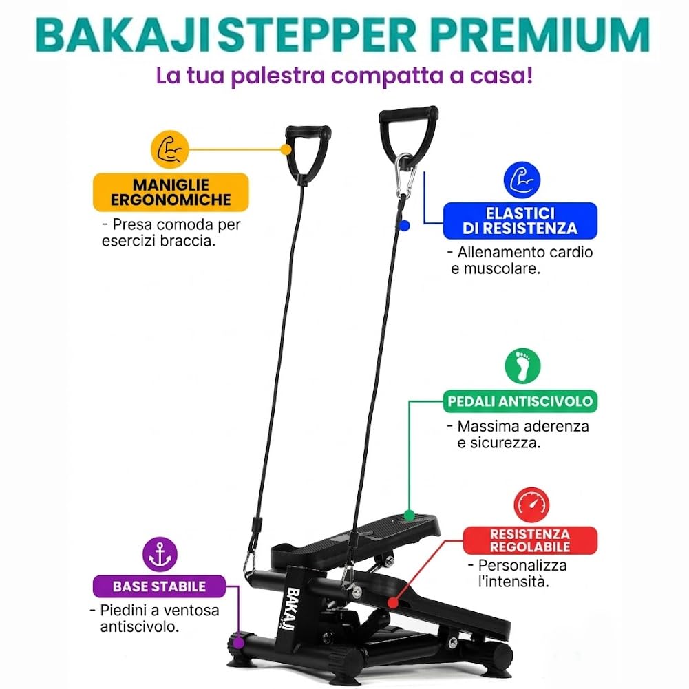BAKAJI Stepper Fitness per Casa Multifunzione 3in1 con Display LCD e Elastici per Allenamento Braccia Full Body, Attrezzo da Palestra con Accessori Versatile per Cardio Conteggio Calorie, Tempo, Reps