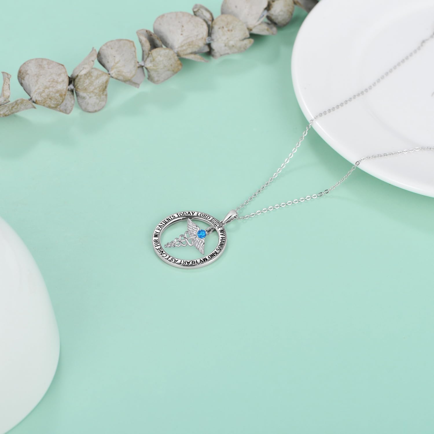 AOBOCO Nurse Gifts for Women 925 Sterling Silver Nurses Prayer Necklace with Caduceus Nursing Graduation Gift for Nurses Medical Student Made with 12 Birthstones (January to December)