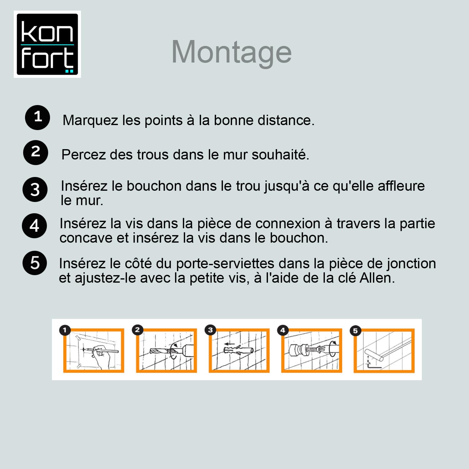 Kon-fort Home Porte Serviette Noir Salle de Bain Acier Inoxydable brossé Mat, Design Exclusif, 40 cm