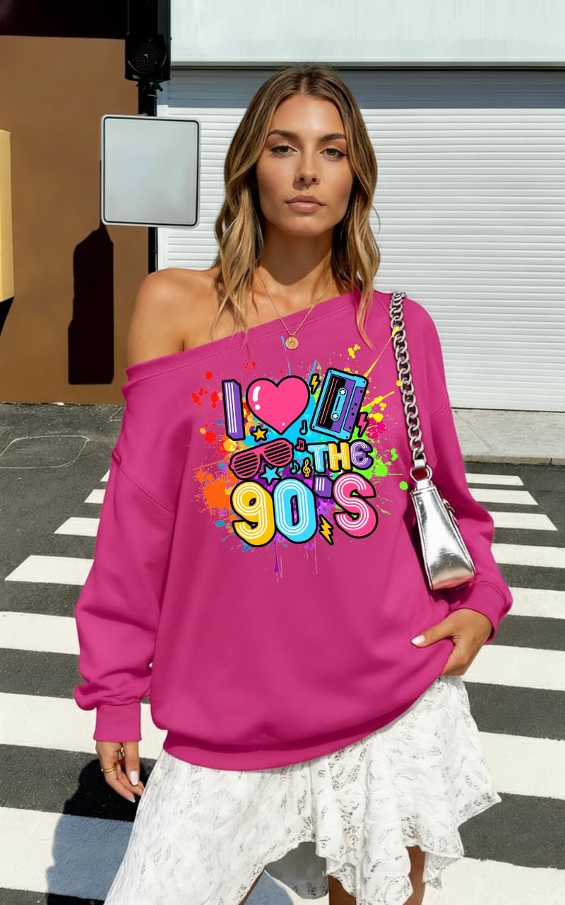 90s Outfit for Women Sexy Off The Shoulder Sweatshirt I Love The 90's Shirt Oversized Long Sleeve Pullover Top - Image 4