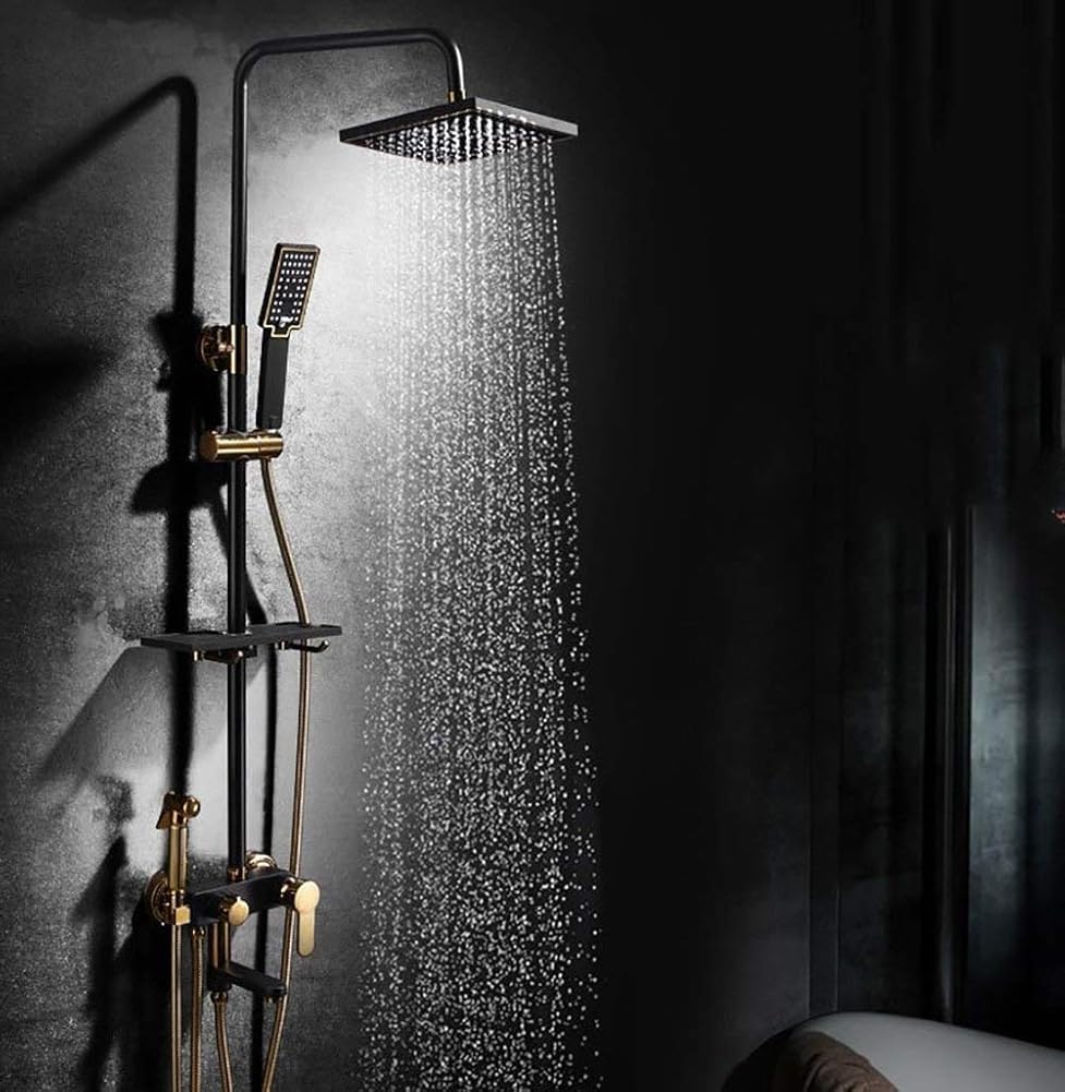 NZPOST Shower Faucet Set Black Brass Bath Thermostatic Bath Mixer Tap Shower Shower Faucet Top Waterfall