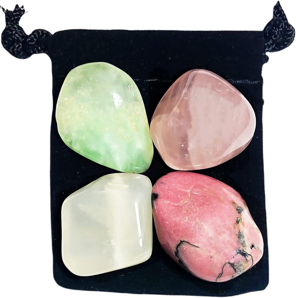 MANIFEST LOVE Tumbled Crystal Healing Set with Pouch & Description Card - Moonstone, Prehnite, Rhodonite, Rose Quartz