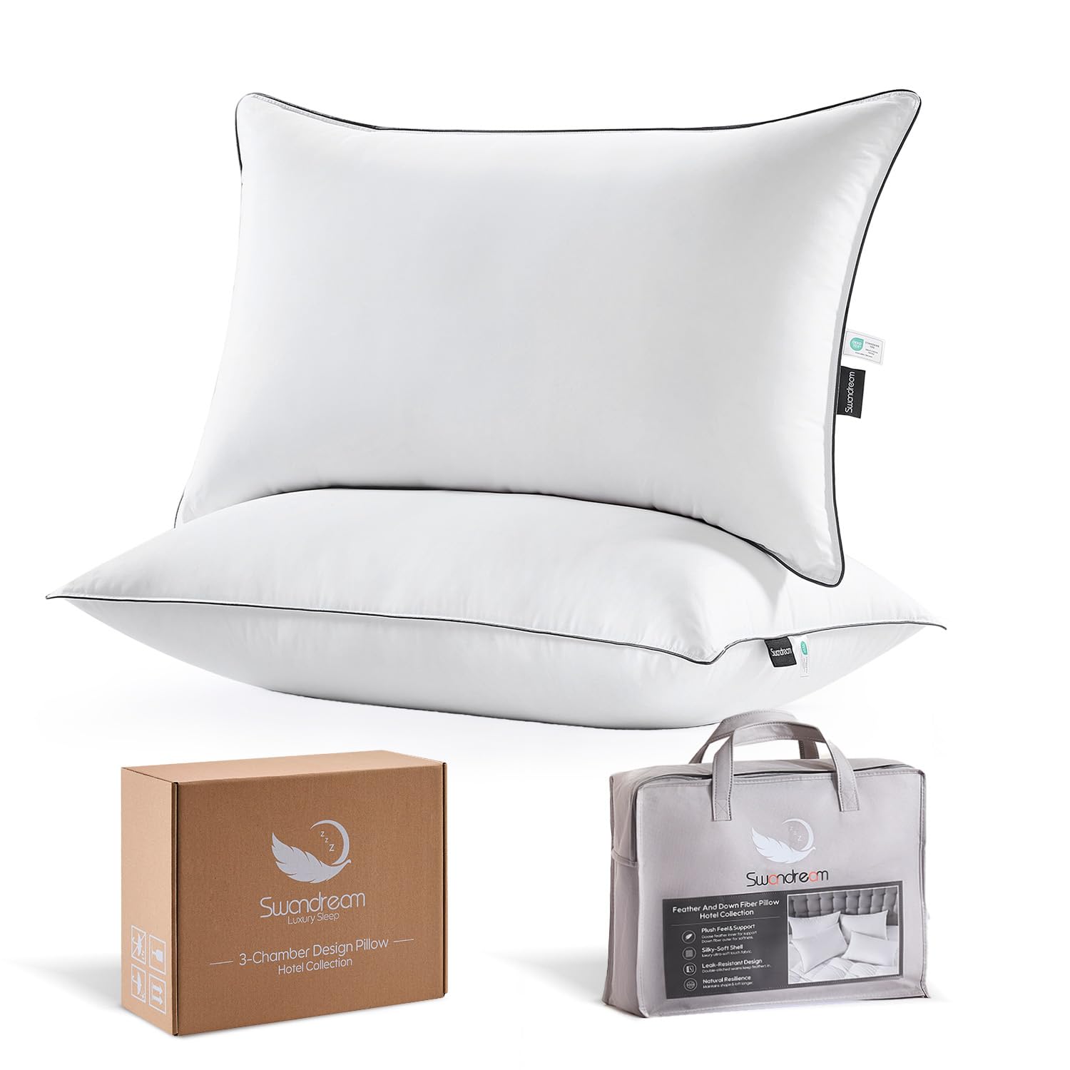 Goose Feather Down Fiber King Pillows 2 Pack Luxury 3-Chamber Pillows with Soft Down-Proof Cover Fluffy Plush Hotel