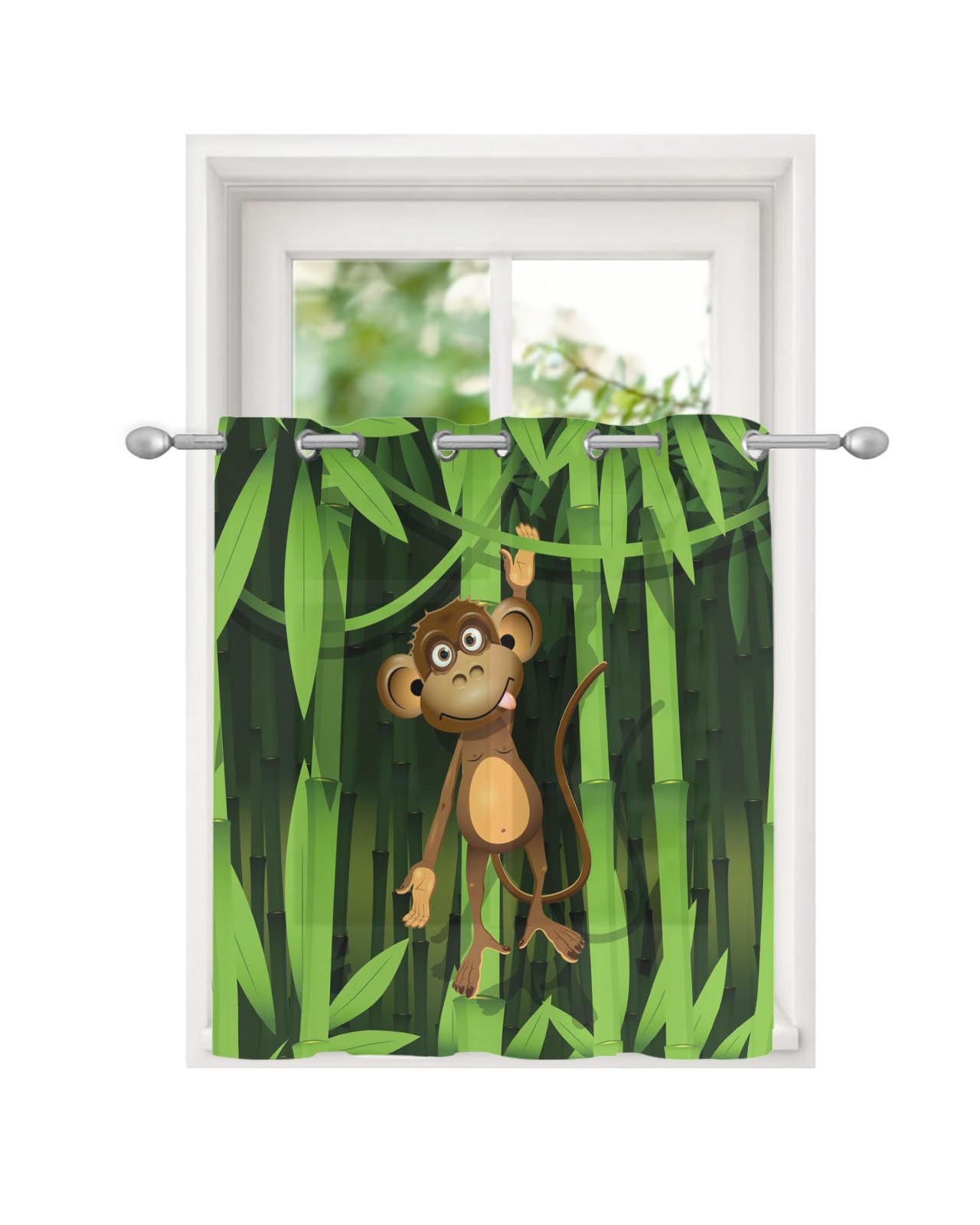 XbackSheer Curtains 1 Panel,Cartoon Monkey Green Bamboo Forest Chiffon Window Treatment Grommet Semi Transparent Drapery for Kitchen Bedroom Decorations,52x36 Inch
