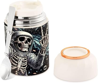 16OZ Vacuum Insulated Food Jar Astronaut Skeleton Stainless Steel Hot Cold Food Thermo with Spoon for Kids and Adult, Lunch Container for School, Office, Picnic