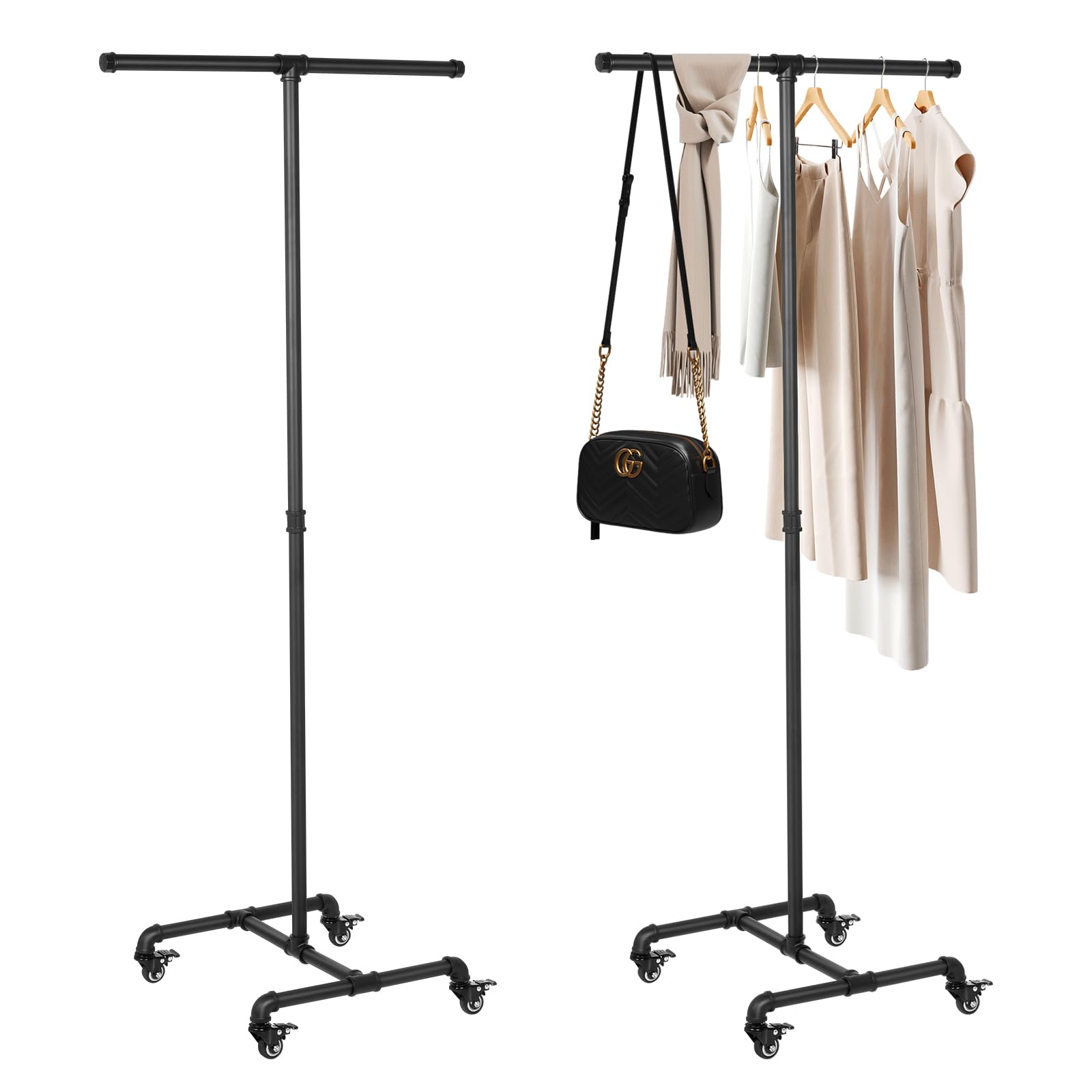 2PCS Metal Coat Rack Freestanding Coat Hanger Stand with 4 Wheels Double-pole Coat Rack Industrial Pipe Clothing Rack for Entryway and Corner