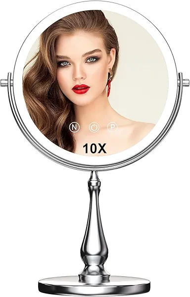 WIZCHARK 9" Large Lighted Makeup Mirror, 1X/10X Magnifying Vanity Mirror with 3 Colors Dimmable Lightning, 80 LED Lights, 360°Rotation Double Sided Standing Desk Mirror