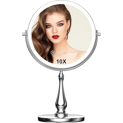 9" Large Lighted Makeup Mirror, 1X/10X Magnifying Vanity Mirror with 3 Colors Dimmable Lightning, 80 LED Lights, 360°Rotation Double Sided Standing Desk Mirror