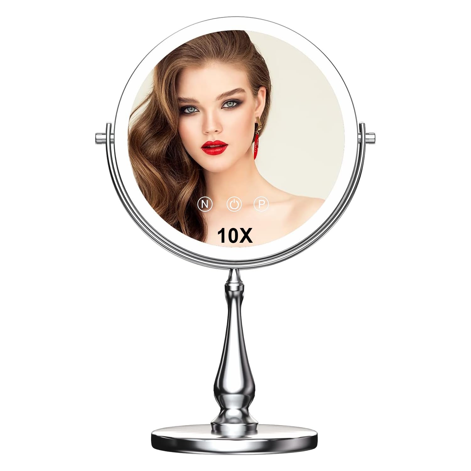 9" Large Lighted Makeup Mirror, 1X/10X Magnifying Vanity Mirror with 3 Colors Dimmable Lightning, 80 LED Lights, 360°Rotation Double Sided Standing Desk Mirror
