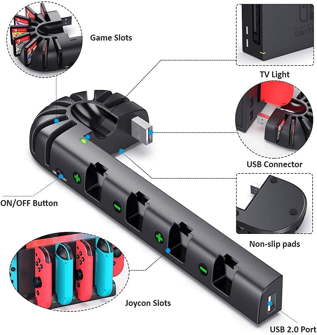 KDD Switch Controller Charging Dock Station Compatible with Nintendo Switch & OLED Model Joycons, Switch Controller Charger Dock Station with Upgraded 8 Game Storage for Nintendo Switch Joycon & Games - Image 7