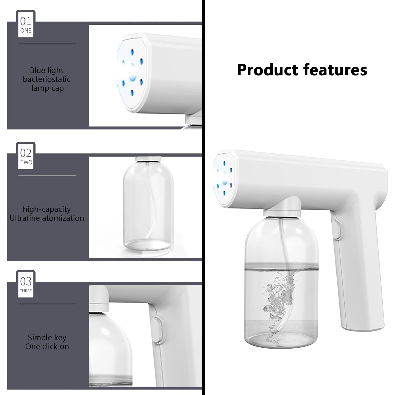 Nano atomizzazione disinfettante pistola a spruzzo, senza fili luce blu sterilizzazione vapore macchina nebbia (bianco)