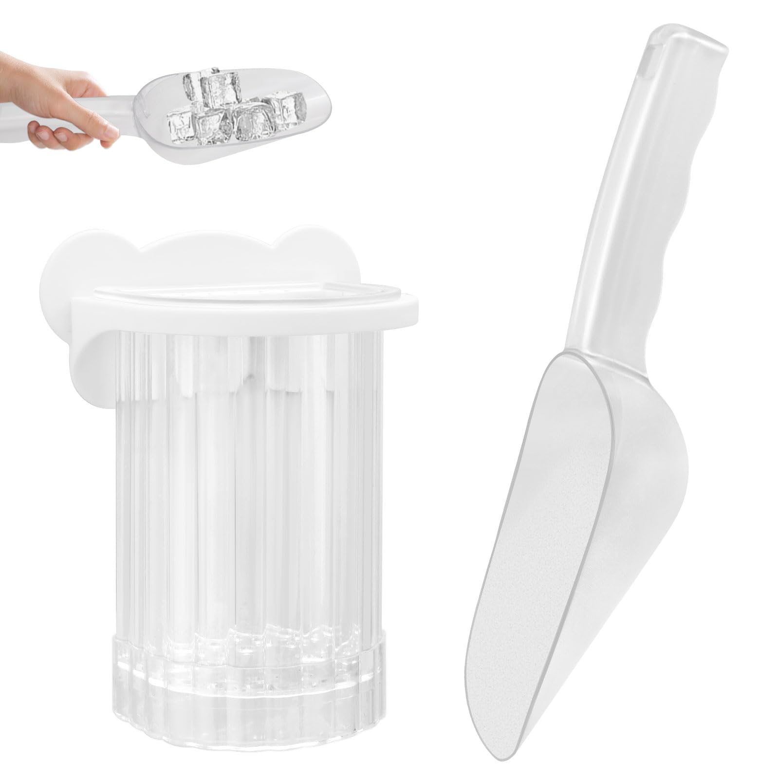 Realand Ice Scoop with Holder, Clear Scooper with Traceless Self-Adhesive Bracket and Detachable Water Catch Tray for Ice Machine/Maker, Freezer, Kitchen Countertop