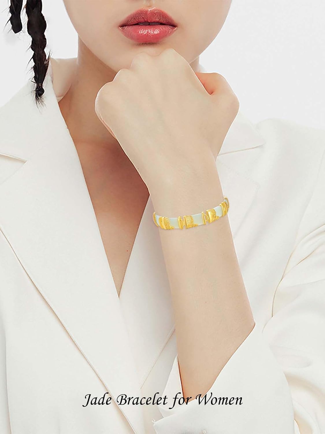 HPQQ Jade Bracelet for Women 18kt Gold Plated Sterling Silver Jade Fortune Bangle Bracelet Fine Jewelry Birthday Mothers Day Gifts for Mom Wife