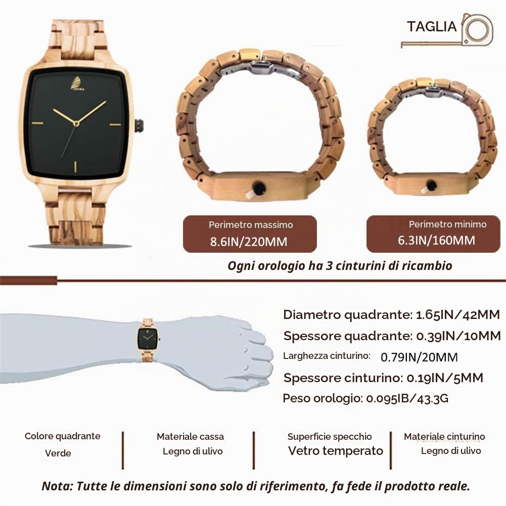 Orologio da Uomo e donne in Legno, Noce nero naturale/oliva, con Movimento al Quarzo Giapponese, con cinturino regolabile, manuale analogico da polso