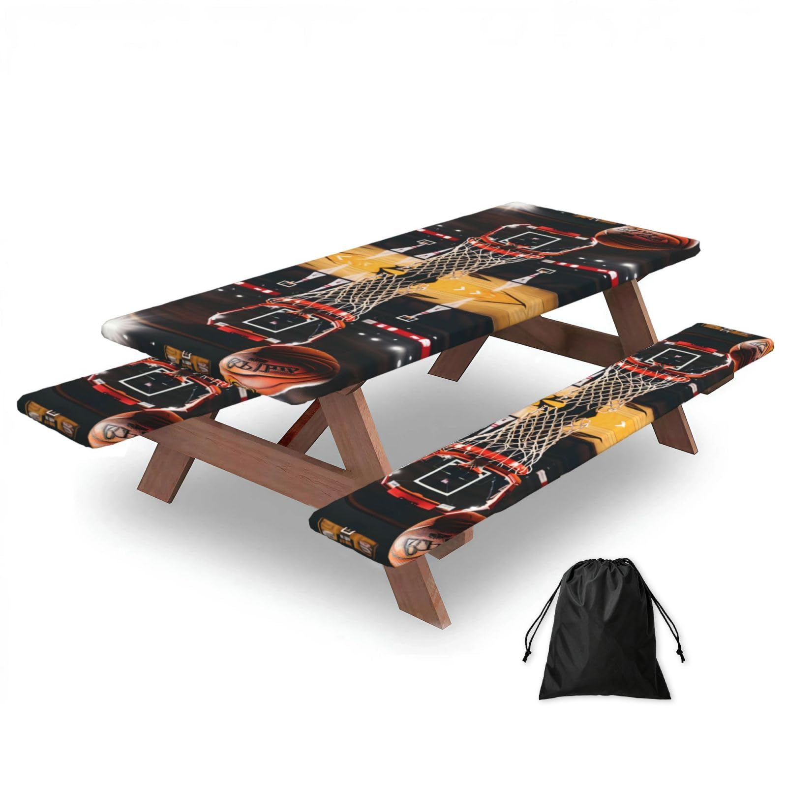 Zyjhyy Black Basketball Print Party Table Covers With Bench Covers Set Of 3 Picnic Table Cloth Wipe Clean For Garden Camping
