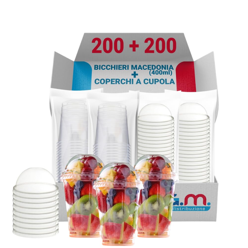 G.M. DISTRIBUZIONE 200 Bicchieri Macedonia in PP da 400ml + 200 Coperchi A Cupola in PS, Bicchieri e Coperchi Trasparenti, Bicchiere Riutlizzabile Alta Qualità per Bar e Gelaterie