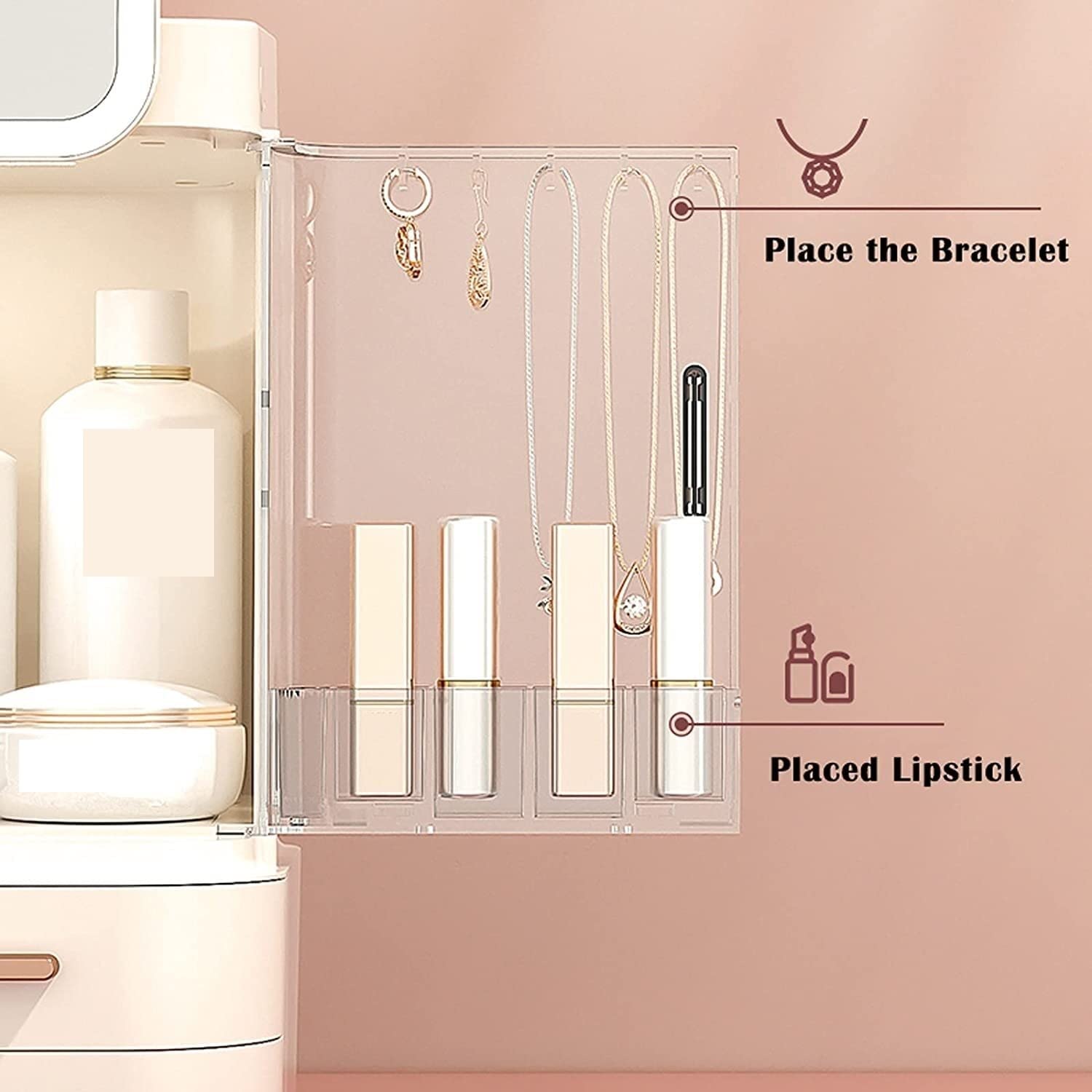 Organizer do Makijażu Elegancki Plastikowe Etui Do Przechowywania Kosmetyków Z 3 Szufladami Regulowany Organizer Na Przybory Makijażu Lusterkiem LED Blat Pojemnik na Kosmetyki(Pink,With inner lamp)