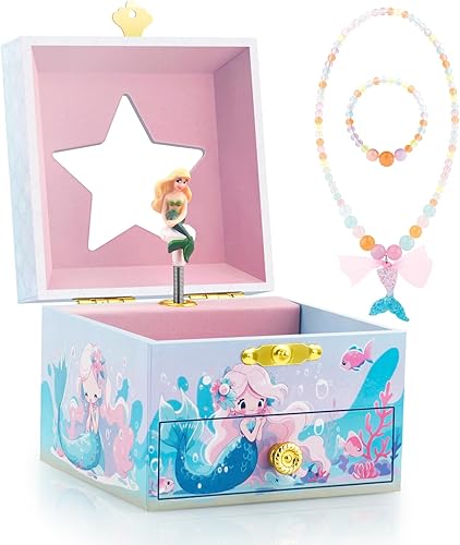 RR ROUND RICH DESIGN Joyero musical para niños para niñas, incluye cajón y bonito juego de joyas con bonito tema de sirena, hermoso tono de ensueño