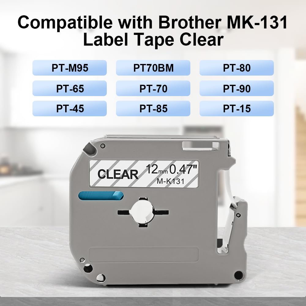 PT-M95 Label Tape Clear Compatible with M-K131s Brother Label Tape Clear 12mm 0.47 M131 MK131 M-131 P Touc M Tape Refills for Brother PT-80 PTM95 PT-85 PT-65 PT-90 Label Makers, 4-Pack