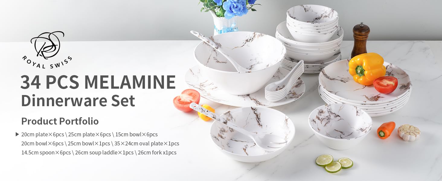 Royal Swiss - Vajilla (melamina, 34 piezas, para 4 personas, irrompible, apto para lavavajillas y ligero, ideal para el hogar, el jardín, el camping y los picnics, diseño blanco