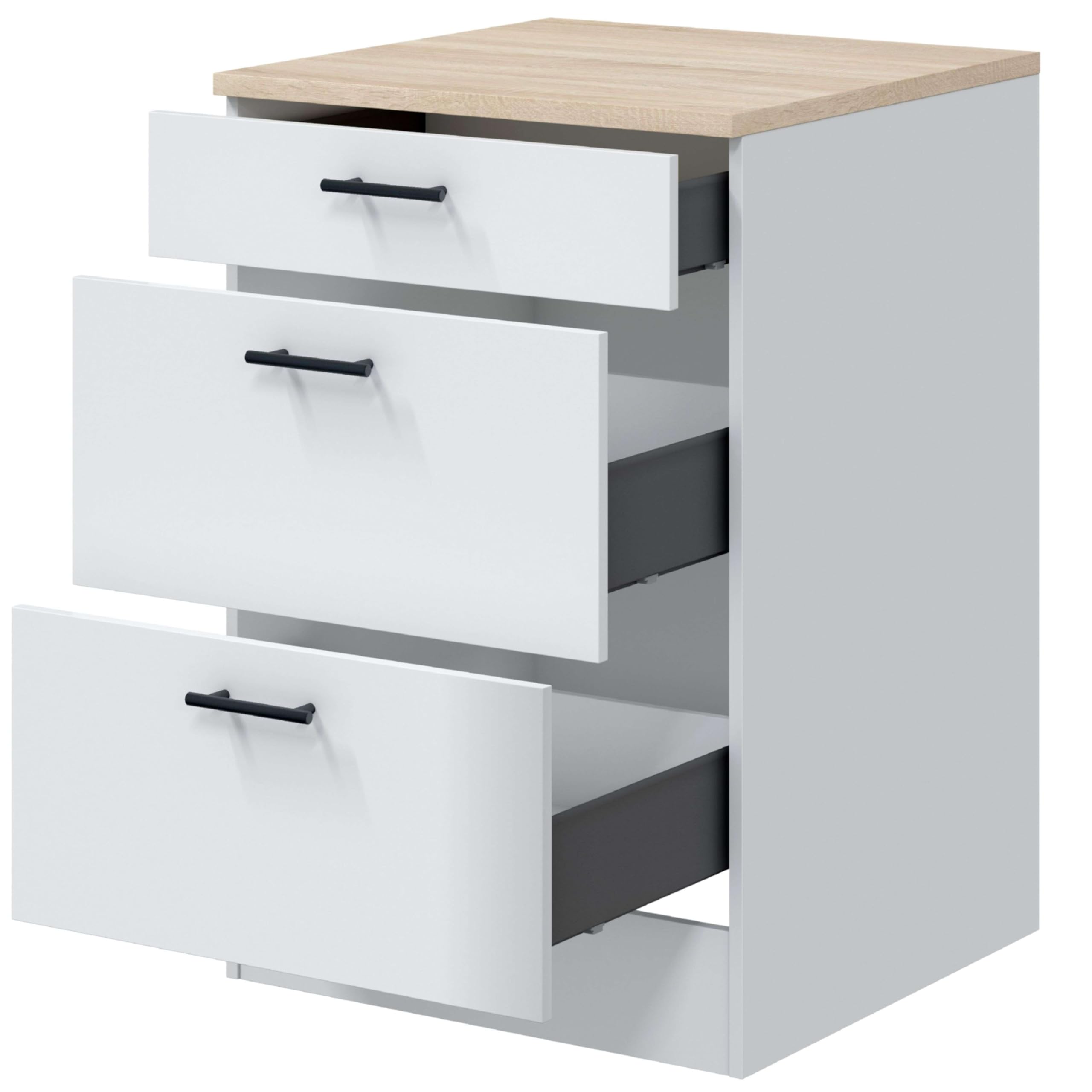 Bricohabitat Módulo Inferior Cocina Kira 3 Cajones Estilo Moderno Blanco Brillo y Roble Canadian 60x90x60 cm