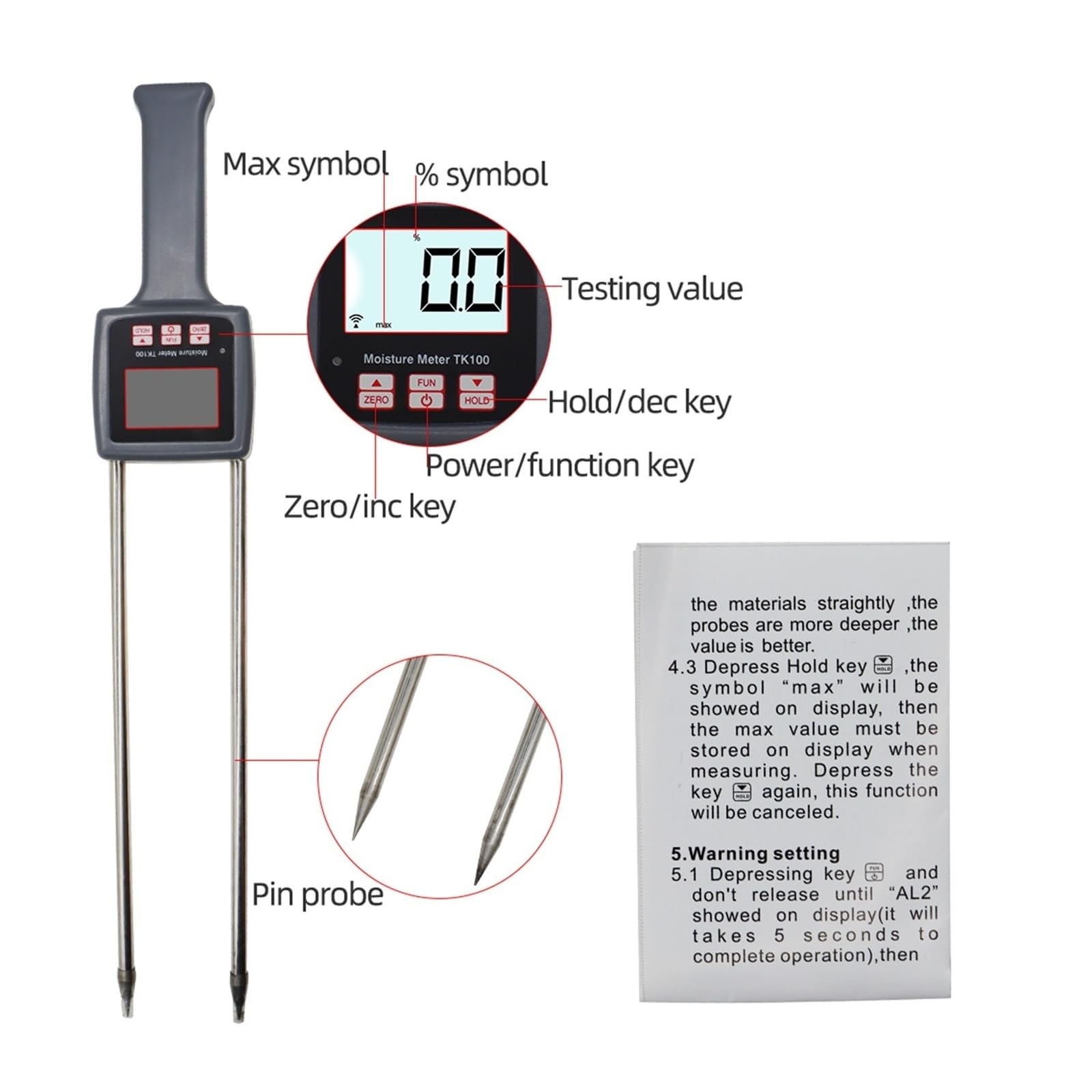 Feuchtigkeitsmesser, TK100 Digitales Getreidefeuchtigkeitsmessgerät Mais Reis Soja Erdnuss Sorghum Bodenfeuchtigkeit Hygrometer Tester mit Messsonde für Garten, Bauernhof