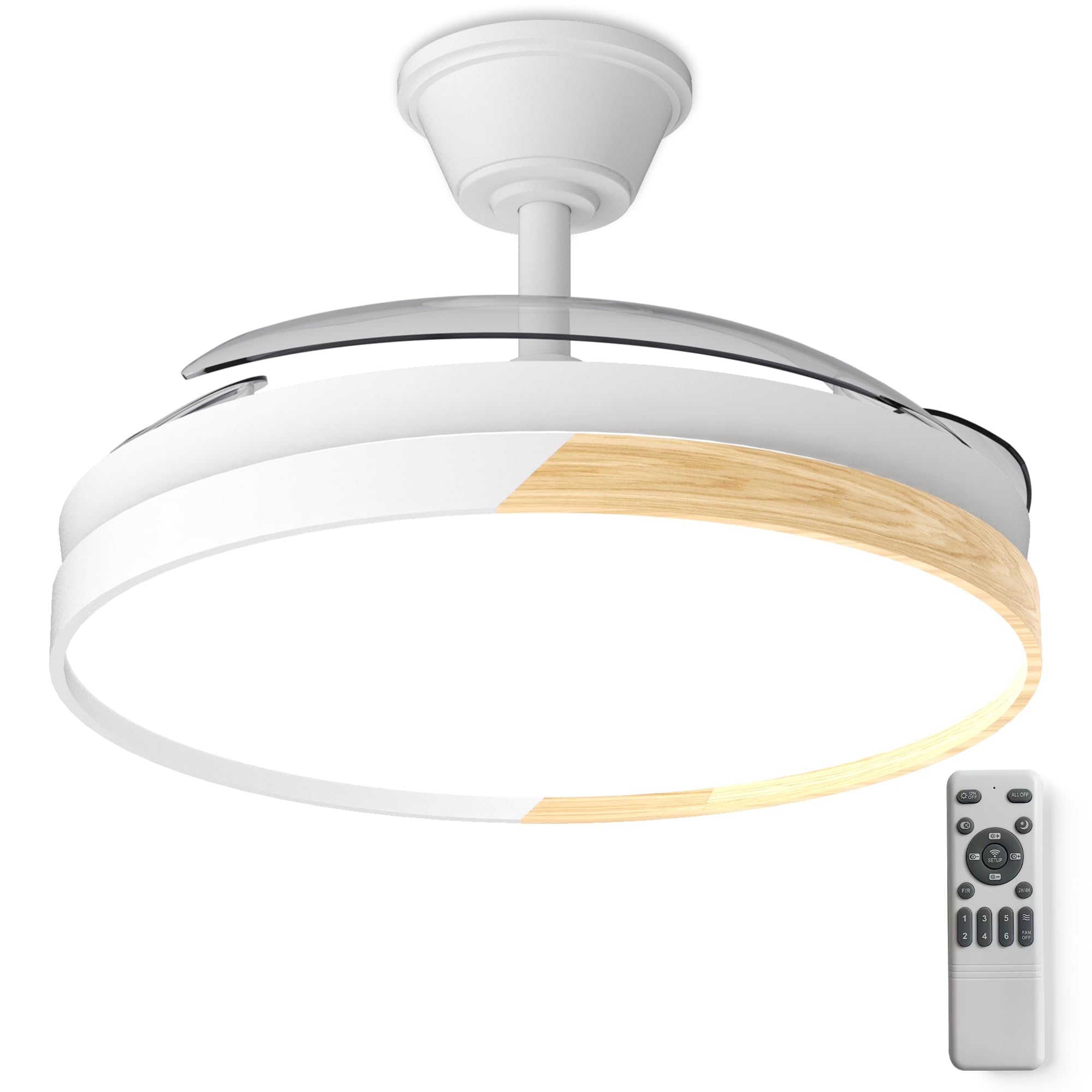 106cm Ventiladores Para el Techo con Lámpara, Ventilador Techo con Luz LED Ventilador Mando a Distancia, Temporizador, 3 Tonos de Luz 6 velocidades (Blanco+madera)