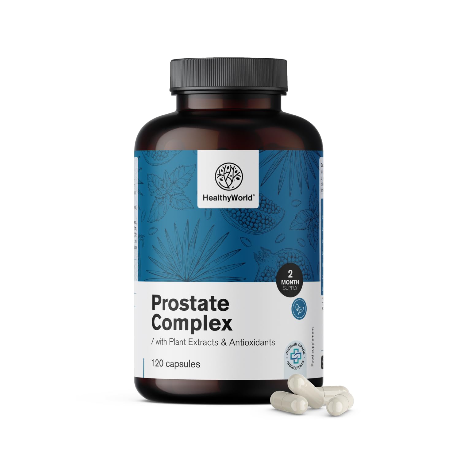 HealthyWorld® Prostata Komplex - Für Männer - 120 pflanzliche Kapseln - Mit Kürbiskernen, Granatapfel, Brennnessel, Sägepalme, Vitamin E, Zink und Selen - Unterstützung der Prostata