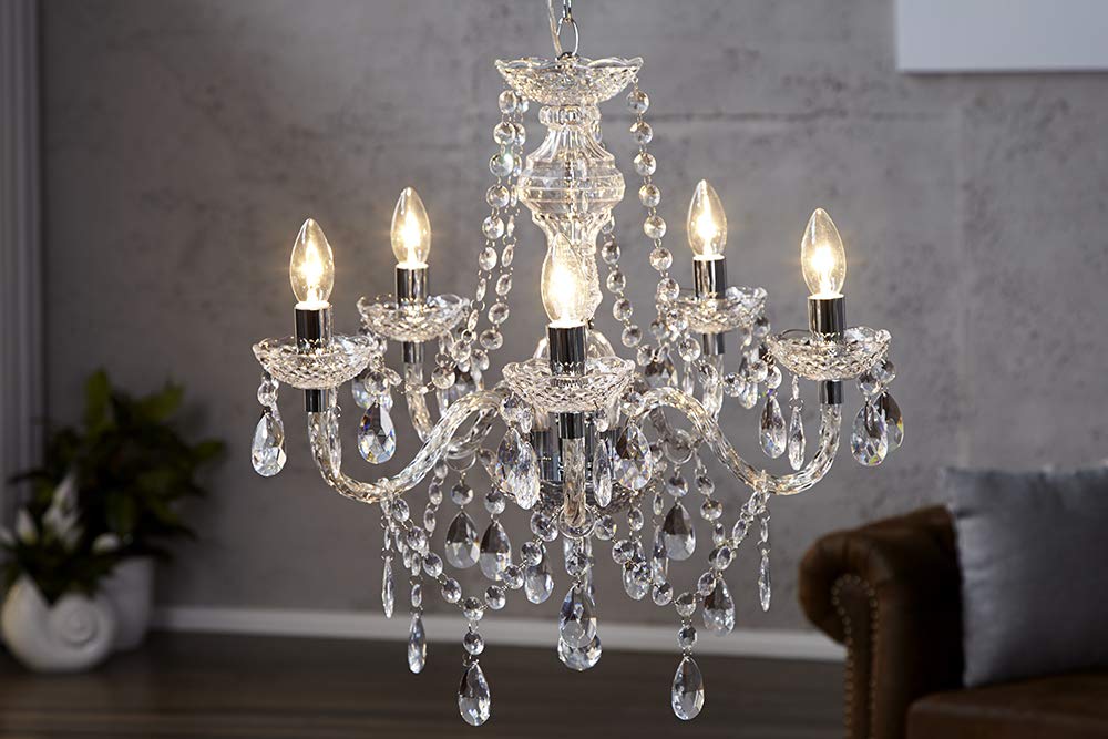 Riess Ambiente Moderner Kronleuchter CRYSTAL Klar 55cm mit 5 Armen Acrylglas E14 5-flammig Kerzen Lüster mit 15 Prismen Deckenleuchte