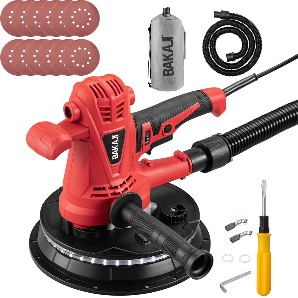 Bakaji Lijadora de pared de techo plegable lijadora jirafa placa de yeso succión automática con luz LED, varilla telescópica y 6 discos abrasivos (manual con bolsa de 1280W)