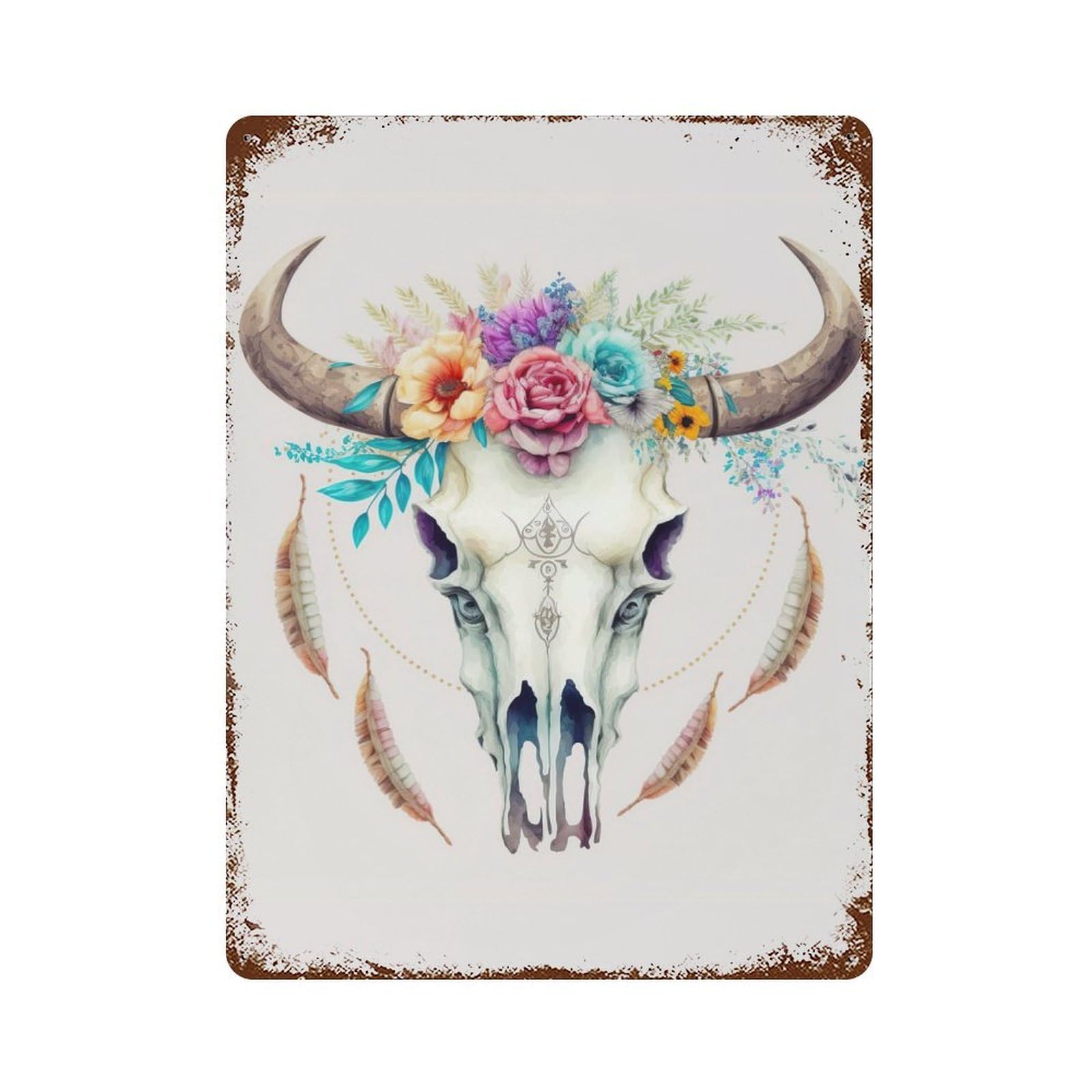 Cow Skull Aged Metal Wall Plaque 15.7"x11.8", Old School Wall Decor for Garage, Bar And Workshop Decor