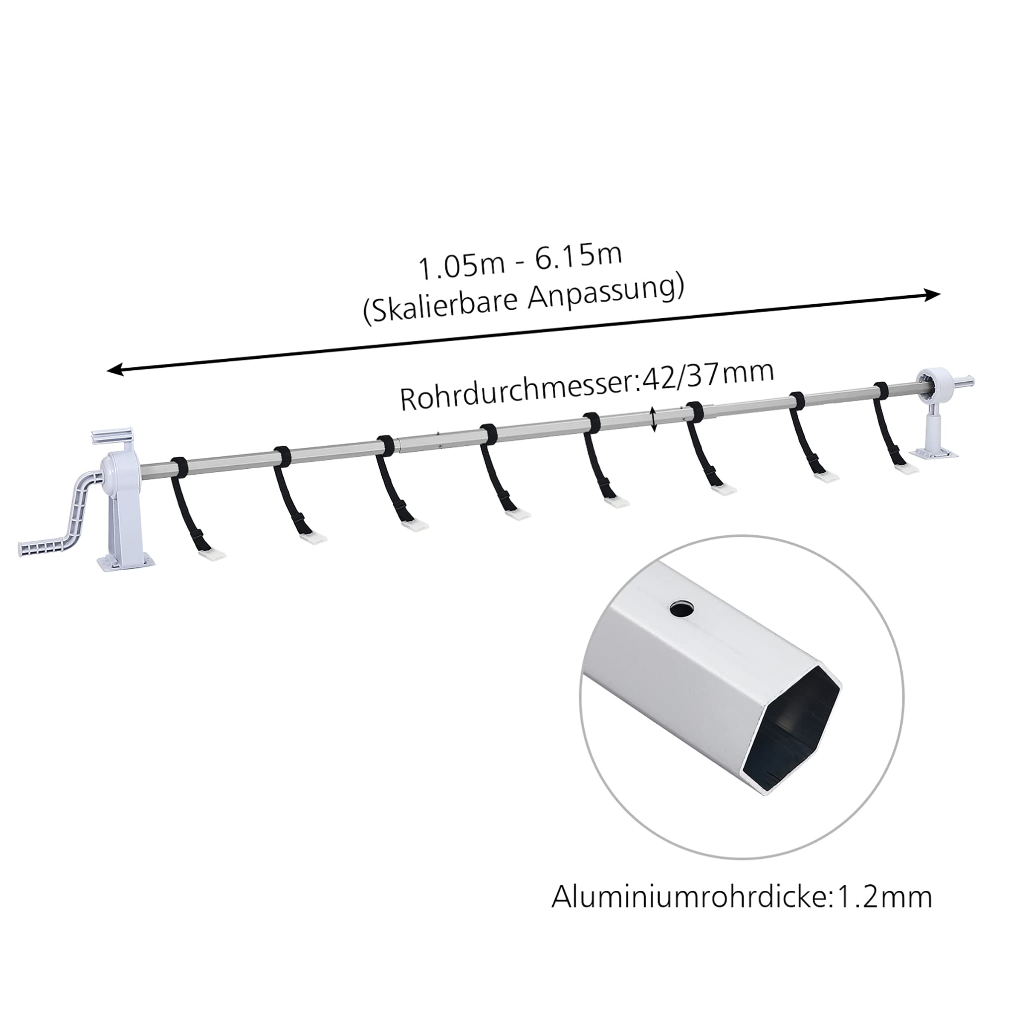 Pool Aufrollsystem 1,05m - 6,15 m Verstellbar | Alu Teleskoprohr | Pool Aufroller Aufrollvorrichtung Aufrollsystem für Solar- und Poolplanen, Abdeckplane, inkl. Bänder