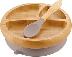 Prato Bambu Bebe Alimentação Smile com Ventosa de Silicone Cinza e Colher ponta Silicone