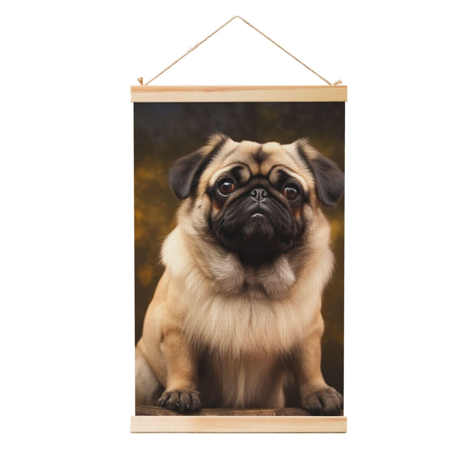 Pug Dog Posters Wooden Shaft Hanging Poster Canvas Prints Scroll Wall Art Painting Vintage Wall Banner Modern Artwork Decor for Home Decor Ready to Hang 20"x30"