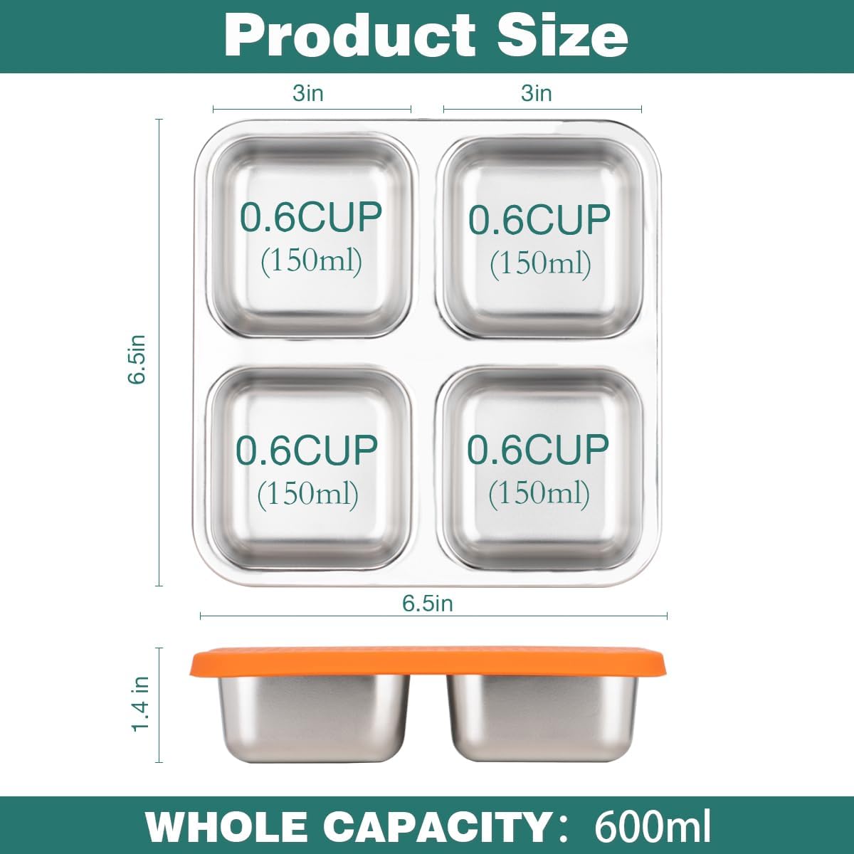 2 Pack Snack Box Containers Set, Stainless Steel 4 Compartment Lunchable Container, Reusable Food Storage Containers with Lids for Travel, Outdoor, Camping, Work(Orange/Blue) - Image 2