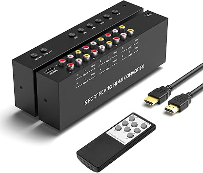 6 Port RCA to HDMI, 1080P/720P 6 Way AV to HDMI Converter Composite CVBS AV Switch to HDMI Converter Adapter Support 43/169 Switching, for Sega Xbox PS2 PS3 N64 NGC SNES WII VHS VCR Camera