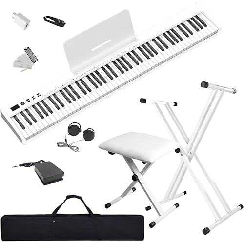 NikoMaku Piano Keyboard 88 Keys with Bench and Stand, Semi weighted Portable Digital Piano for Beginners, SWAN-S White, with Headphones, Stickers, Carrying Case