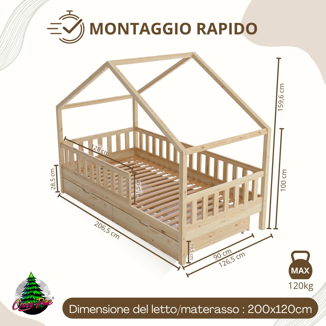 Letto Montessori a Pavimento 200x120 cm Legno Naturale con Cassetti
