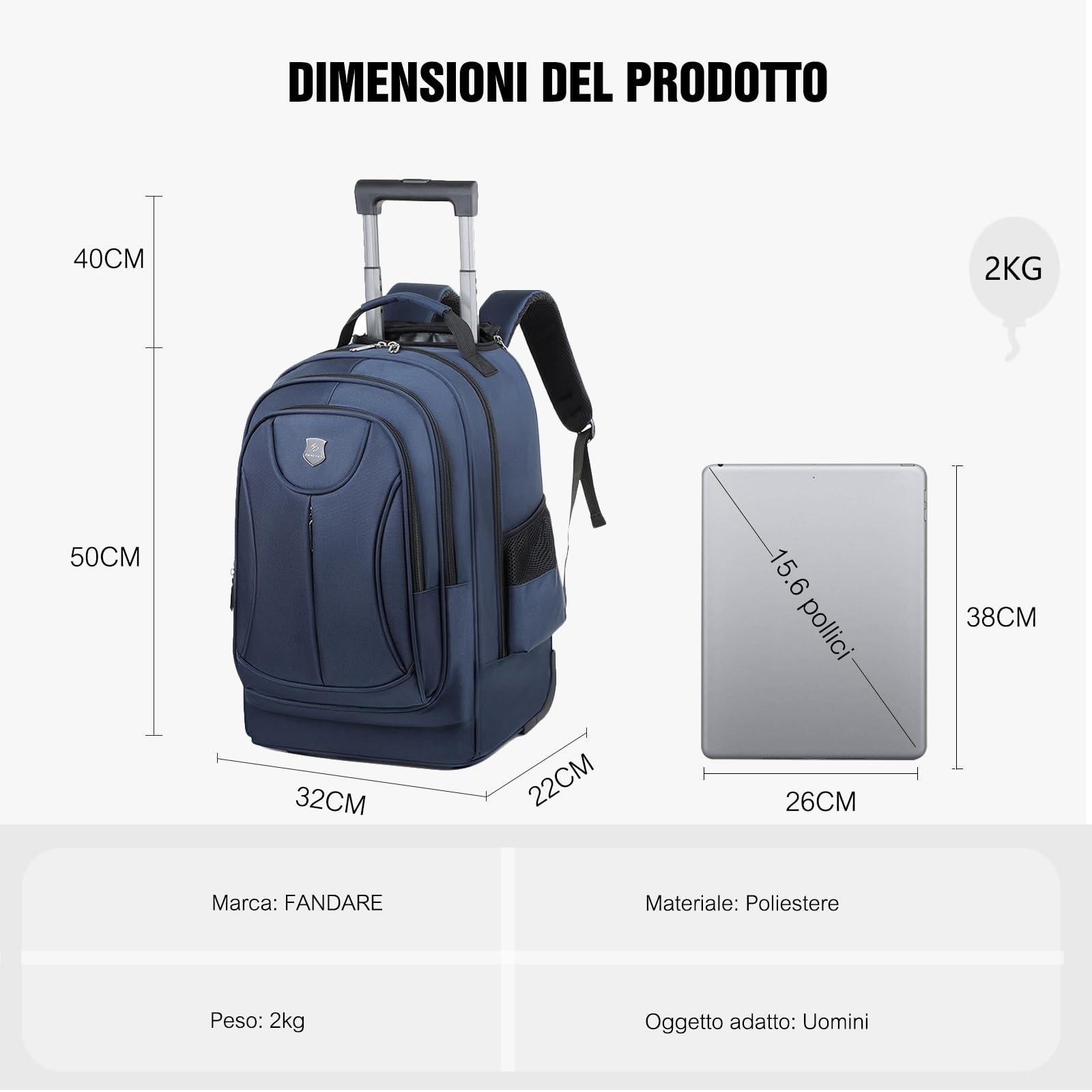 FANDARE 35L Trolley per 15.6 pollici PC portatili 2-in-1 Uomo Zaino con rotelle con manico telescopico Zainetto trasformabile Borsa per Insegnante con Ruote Borse Messenger Zaini ufficio giorno Blu