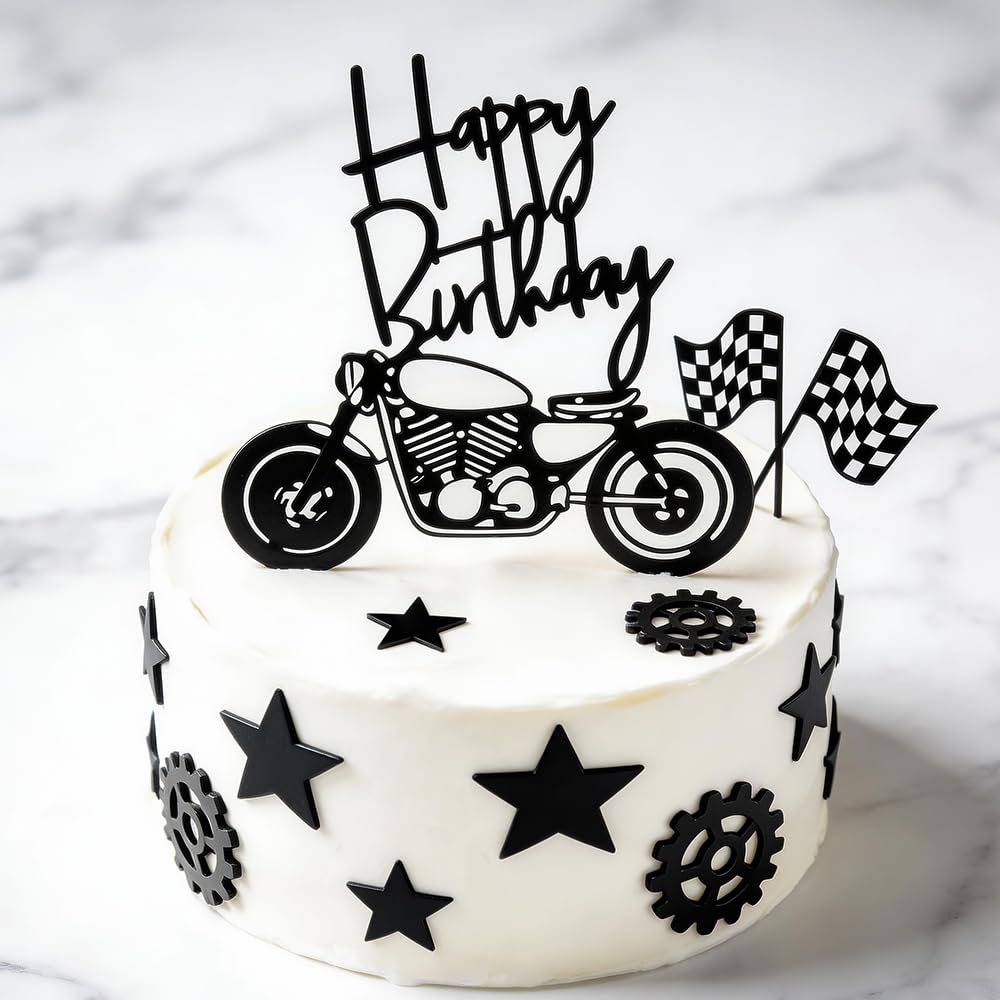 Motorbike Cake Topper - Acrylic Reusable Motorcycle Theme Cake Decorations for Boys Birthday Party with Gears & Stars (7PCS, Black)