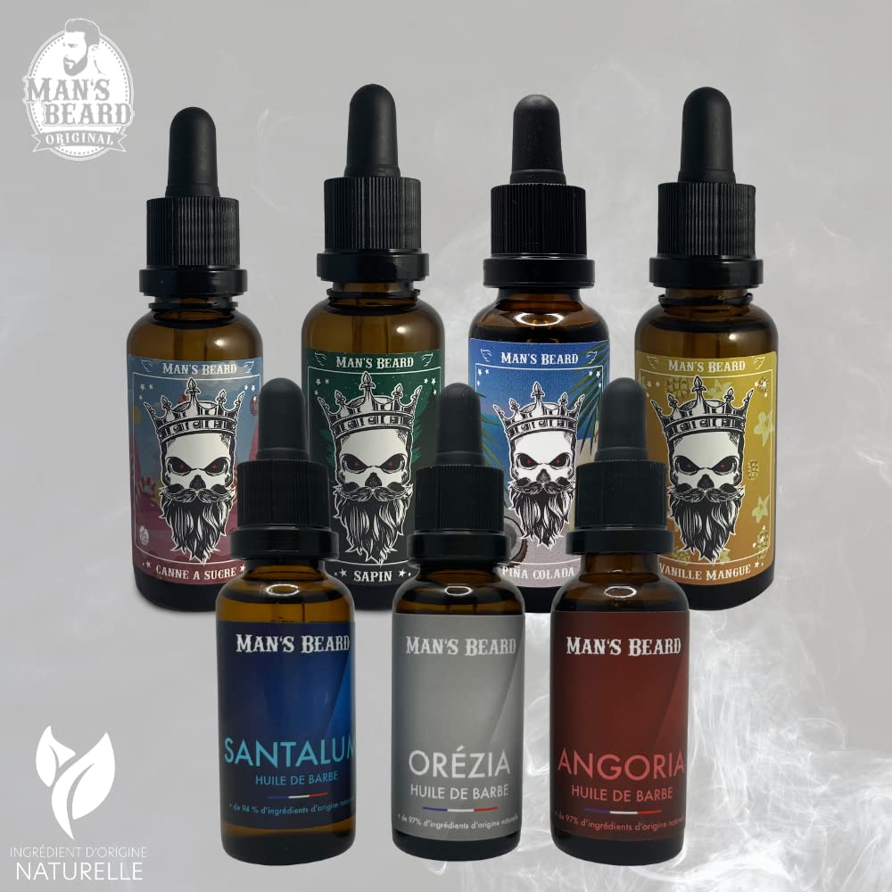 Man's Beard - Huile à barbe parfumée Santalum 30ml – Parfum bois de Santal - Soin et entretien hydratant naturel pour la barbe - Ingrédients d'origine naturelle -100% Fabrication Française