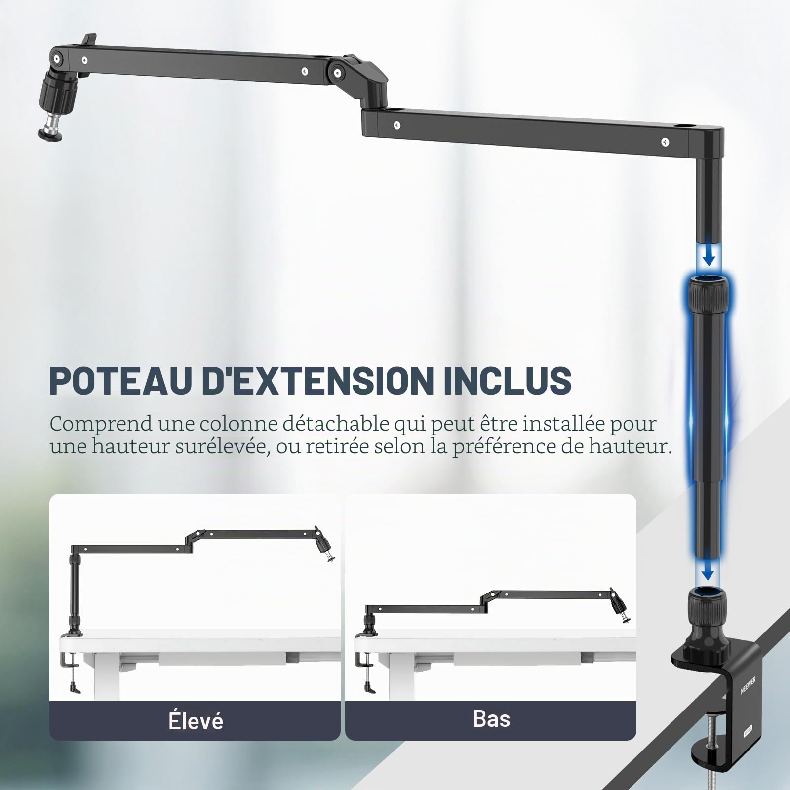 NEEWER MST002 Support de bureau à profil bas avec amortissement, bras articulés pivotants à 360 ° avec poteau de hauteur et canaux de gestion des câbles pour microphone, baladodiffusion