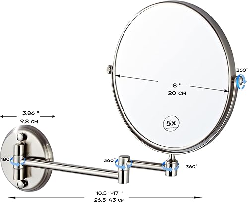 Miniatura 10 de RECKODOR Espejo de maquillaje de latón de 8 pulgadas con aumento, espejo de aumento de dos caras 5X montado en la pared, espejo extensible giratorio